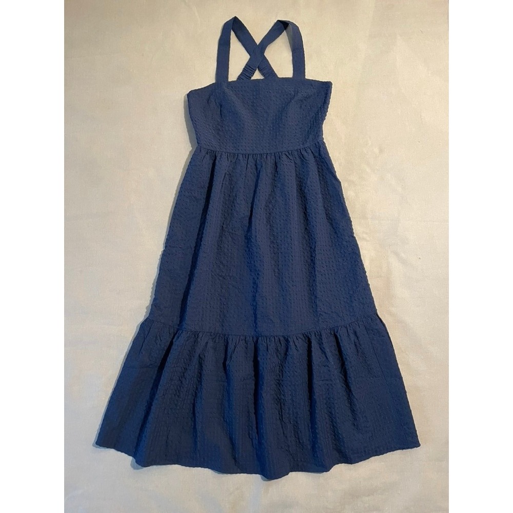 NEW Draper James Textured Seersucker Dress Sz S Black Smocked Back Preppy Formal